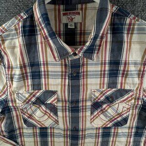 True Religion Long Sleeve Plaid Button Up Shirt Men Small Pockets Cotton Tall